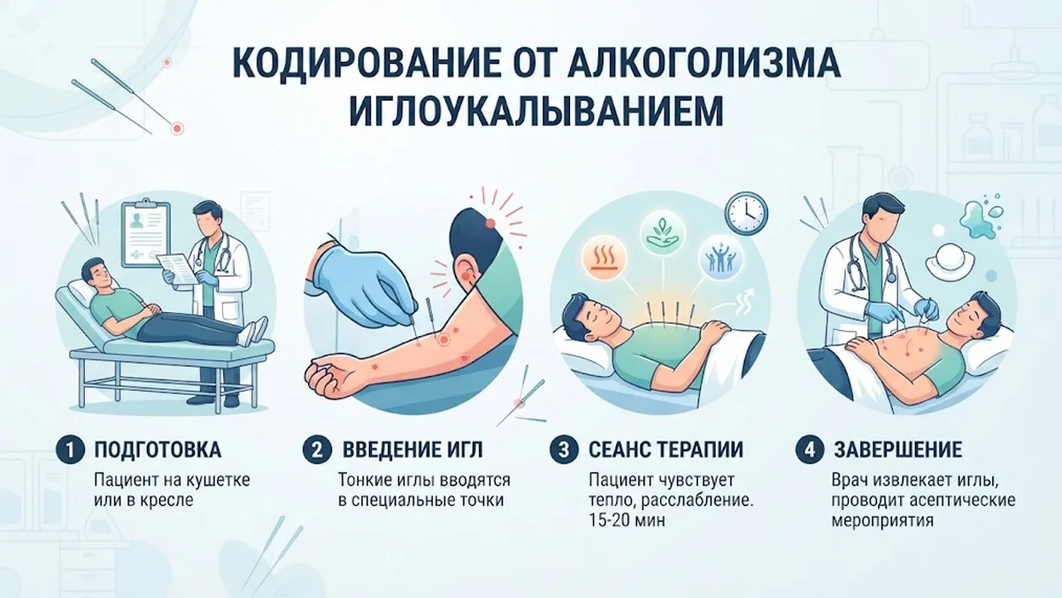 Инфографика: этапы кодирования от алкоголизма иглоукалыванием (подготовка пациента, введение тонких игл в точки, сеанс терапии на 15–20 минут, завершение процедуры).